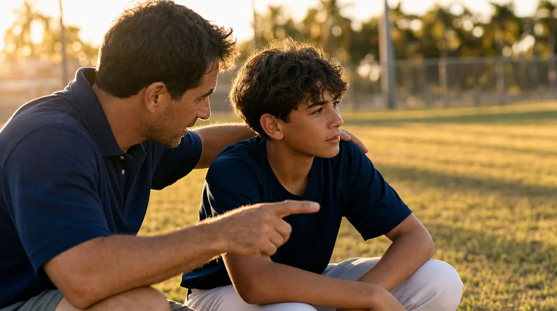 A coach mentoring a young athlete on a South Florida field at golden hour