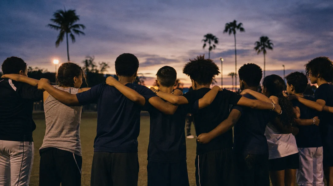 Youth athletes standing together in a team huddle at dusk in South Florida