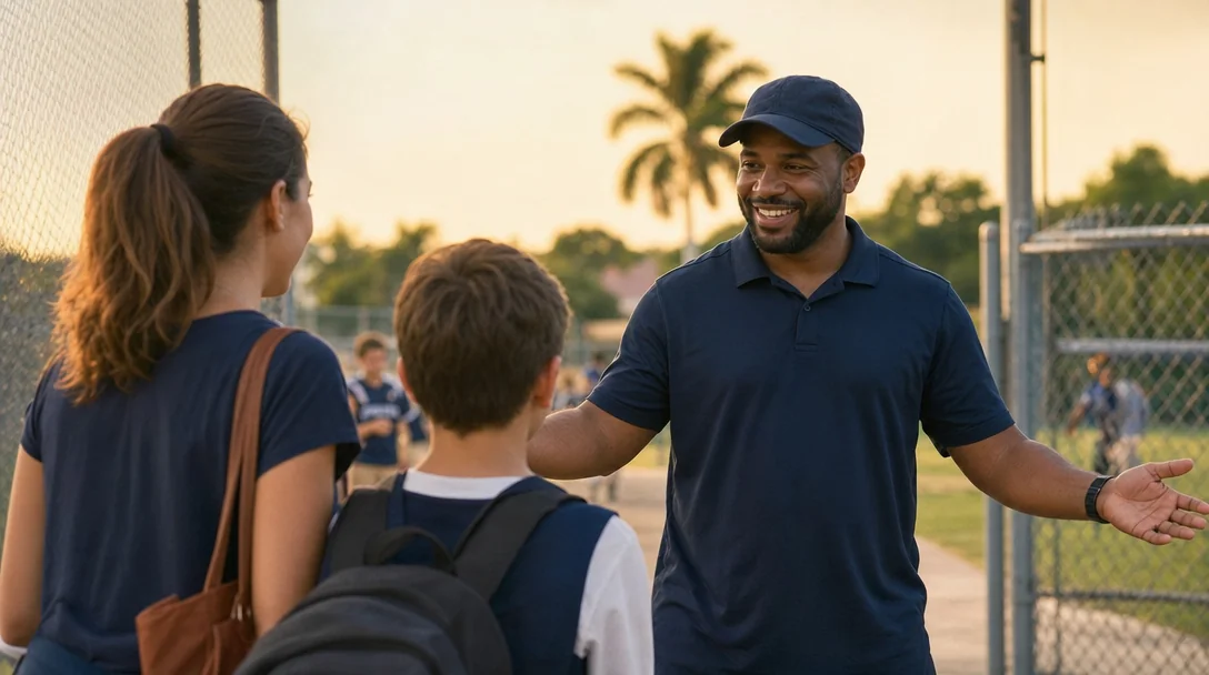 A coach welcoming a young athlete and their family at a South Florida sports field