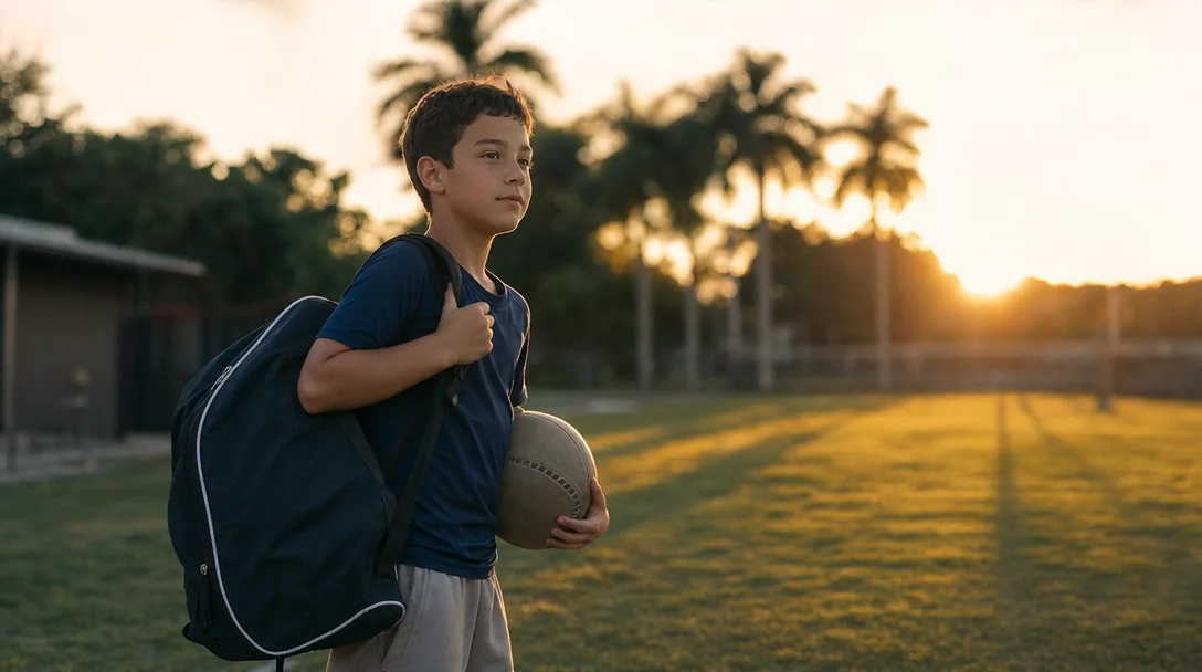 A hopeful young athlete holding new gear, ready for a first season, at a South Florida field