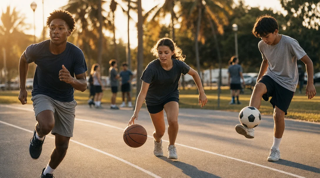 Youth athletes from different sports training at golden hour in a South Florida park