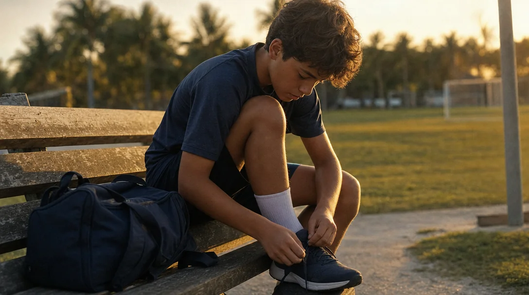A focused young athlete lacing up training shoes on a bench at the edge of a field